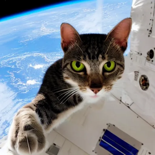 Image similar to Photo of a cat floating inside the International Space Station, realistic award-winning