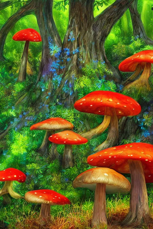 Prompt: digital painting detailed forest tree magical forest flowers mushrooms painted by Wayne Reynolds