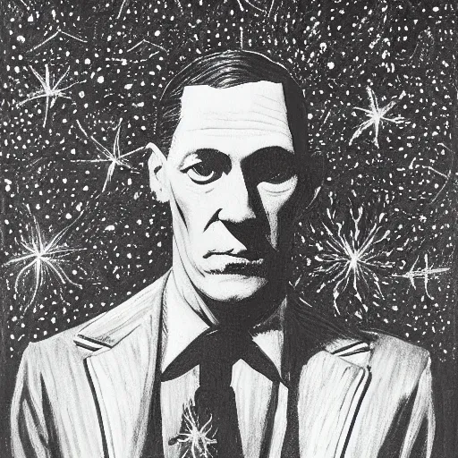 Prompt: lovecraft looking at the starlight light sky in terror, detailed painting, award winning