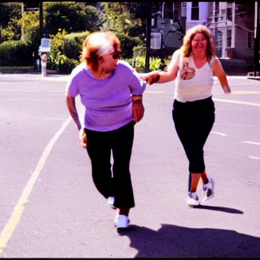 Prompt: candid photo of Aphex Twin chasing an old lady down the street, sunny day,