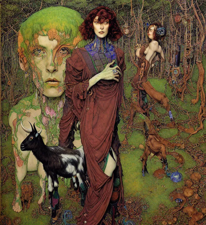 Image similar to pixelated corrupted professional pre-raphaelite defined colours 4k uncropped photo of a fully clothed punk person in the cyberpunk forest with a goat and a robot by Ivan Bilibin, Austin Osman Spare, Norman Rockwell, high quality, ultra detailed. Beksinski painting, part by Adrian Ghenie and Gerhard Richter. art by Takato Yamamoto. masterpiece, oil on canvas painting, pixelart, vivid acid neon colours. Futurism by beksinski carl spitzweg moebius and tuomas korpi. baroque elements. baroque element. intricate artwork by caravaggio. Oil painting. Trending on artstation. 8k