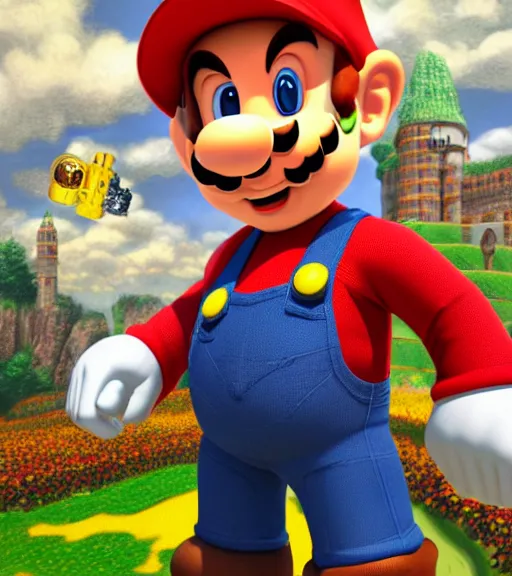 Prompt: an epic fantasy comic book style portrait painting of super mario without hat and fresh haircut, wearing lederhosen und a blue - white checked shirt, tracht, oktoberfest, wiesn, studio ghibli, unreal 5, daz, hyperrealistic, octane render, cosplay, rpg portrait, dynamic lighting, intricate detail, harvest fall vibrancy, cinematic