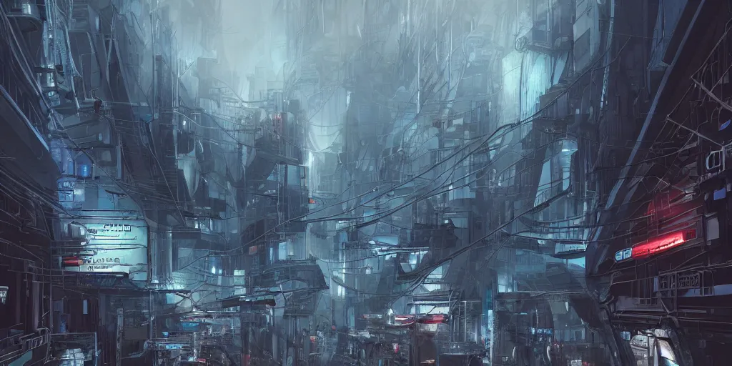 Prompt: a futuristic exterior mass effect and bladerunner building, muti - layer, large pipes, metal cladding wall, lots of wires, very back alley, intricate bridges between buildings, some 3 d ads, environment fog, dark and moody