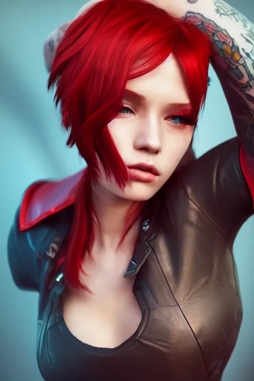 Image similar to a girl with short red hair, cool, vi from arcane, league of legends, fighter, cool red jacket, tattoo, beautiful, 3 d, potrait, art staion, studio light, closeup shot, octane render, wlop, realistic, neon