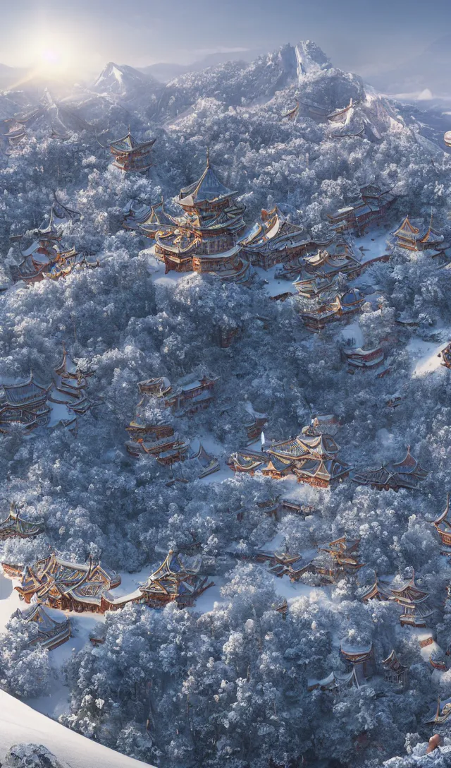 Prompt: a magnificent snow - covered palace at the top of changbai mountain, with sunlight spilling over the flat ground at the foot of the mountain is a sea of petunia flowers ， super wide angle ， chinese style ， matte painting ， rtx on ， trending on cgsociety and artstation, volumetric light ，