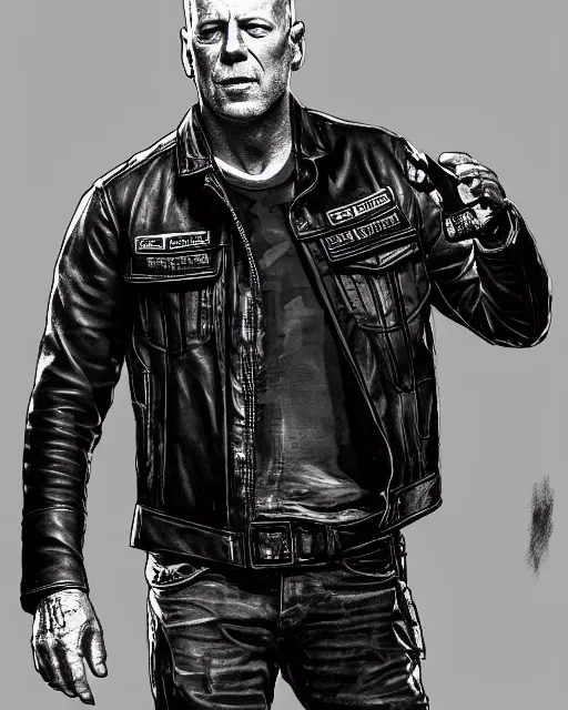 Prompt: Bruce Willis in sons of anarchy tv show, wearing samcrow leather jacket, D&D style , highly detailed, digital art, trending on artstation, smooth, sharp focus, illustration, art by artgem and ROBERT HYNES