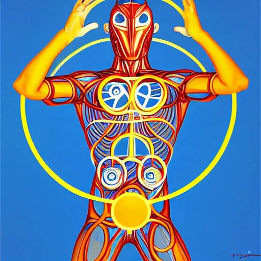 Prompt: ultraman as vitruvian man by james jean and shusei nagaoka, magritte painting, full body, no crop, golden ratio, retrofuturistic, hyper details