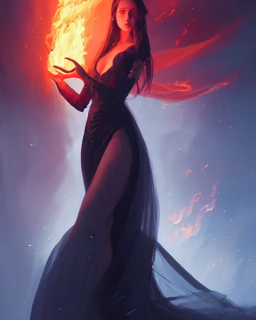 Prompt: beautiful princess wearing a draconic gown of flames and obsidian smoldering, embers, fiery storm, swirling vortex, artgerm, greg rutkowski, volumetric lighting, photorealism, ultra detailed portrait