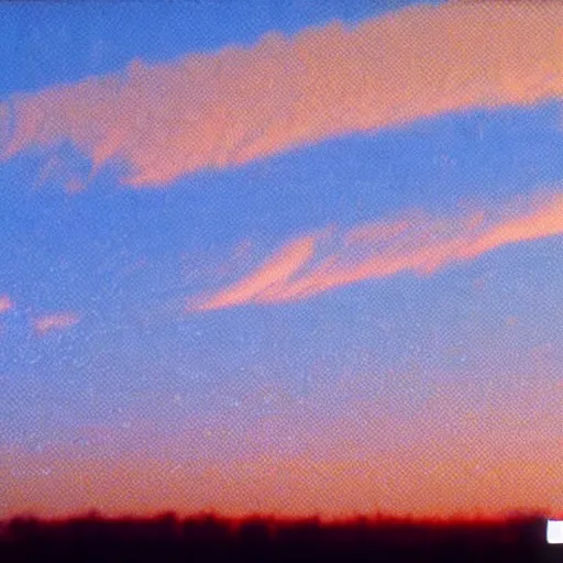 Prompt: video of the sky, recorded with vhs, sunset, clouds, 1 9 7 9