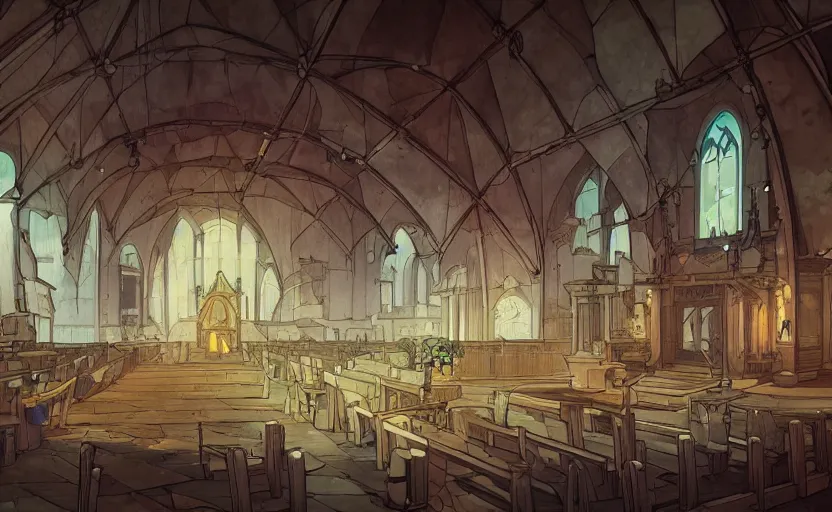 Prompt: a renaissance church hall, crystal lights, mysterious atmosphere, cel - shading, cinematic, artstation, studio ghibli, miyazaki, highly details