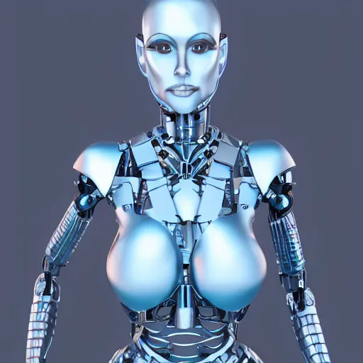 Prompt: womanized humanoid robot made of steel, beautiful face, short blue hair!!!, big breasts anatomically correct, futuristic, glowing details!, symmetrical, corona renderer, ray tracing, 8 k, uhd, ultrarealistic, clear, sharp, highly detailed
