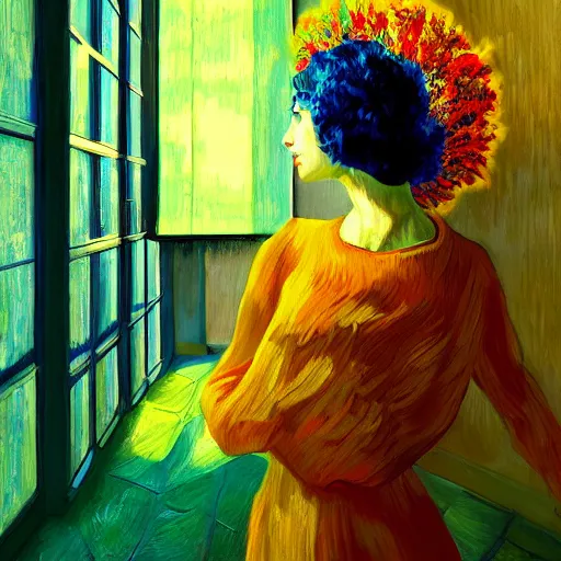 Image similar to giant flower under head, woman next to modern windows, luxury apartment, surreal photography, dramatic light, impressionist painting, digital painting, artstation, van gogh