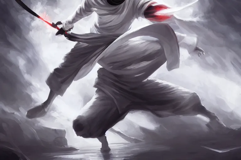 Prompt: a ninja dressed in tapered white satin clothes, the ninja is wielding spirit papers, dynamic, combat pose, digital painting, WLOP, trending on artstation, 8k, epic composition, highly detailed, sharp focus