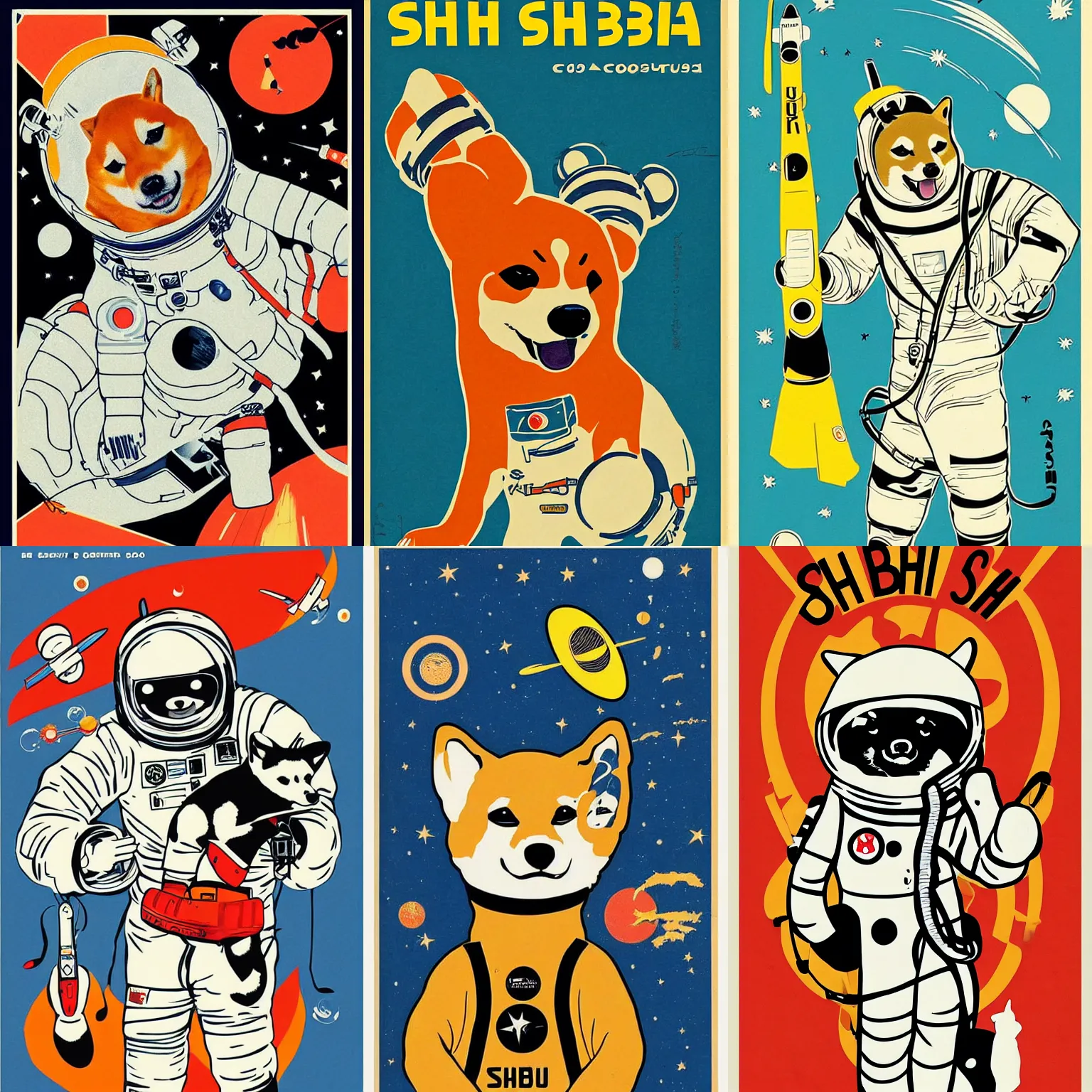 Image similar to Shiba Inu cosmonaut, 60s poster, in the style of a music poster 1960s