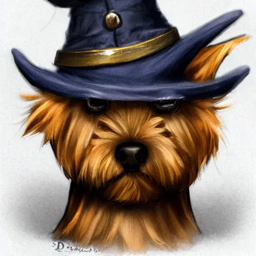 Image similar to detective yorkshire terrier wearing a wizard hat, in a dark alley, by D&D Concept Artists