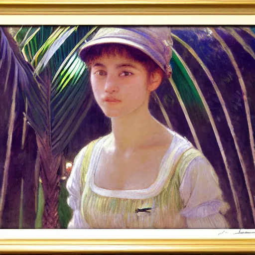 Image similar to a ultradetailed beautiful painting of a girl in the amazonas palace designed by jules bastien - lepage, hans belmer, frank weston and gustave baumann, beach, trending on artstation, mediterranean, palm trees, light sparkles, sharp focus, soft light, 8 k 4 k