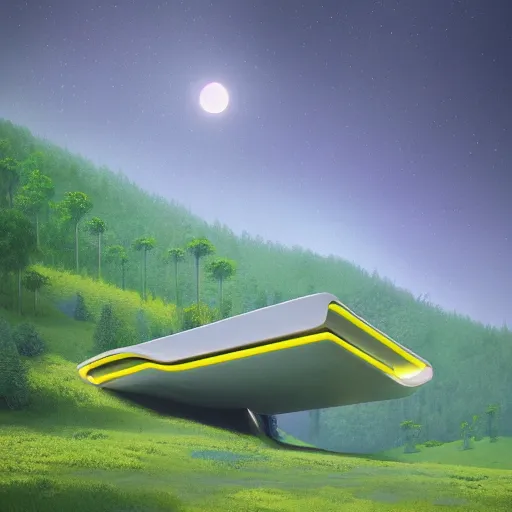 Image similar to futuristic yellow house between hills with big trees, monks walking, multiple moons, dramatic lighting, artstation, matte painting, raphael lacoste, simon stalenhag, frank lloyd wright, zaha hadid