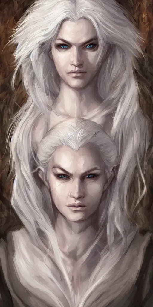 Image similar to white haired elven woman, wearing a wolf pelt, upper half portrait, centered, muscular, dnd, intricate, highly detailed, sharp, digital painting, artstation, cell shading