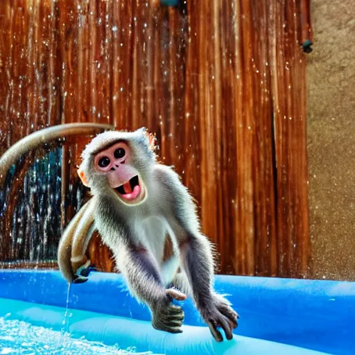 Prompt: photo of a happy monkey sliding down a waterslide, 4 k, full hd, reallistic, highly detailed