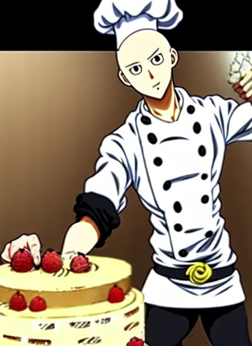 Image similar to chef saitama one punch man, dressed as a pastry chef, focused at making a cake, beautiful anime artwork