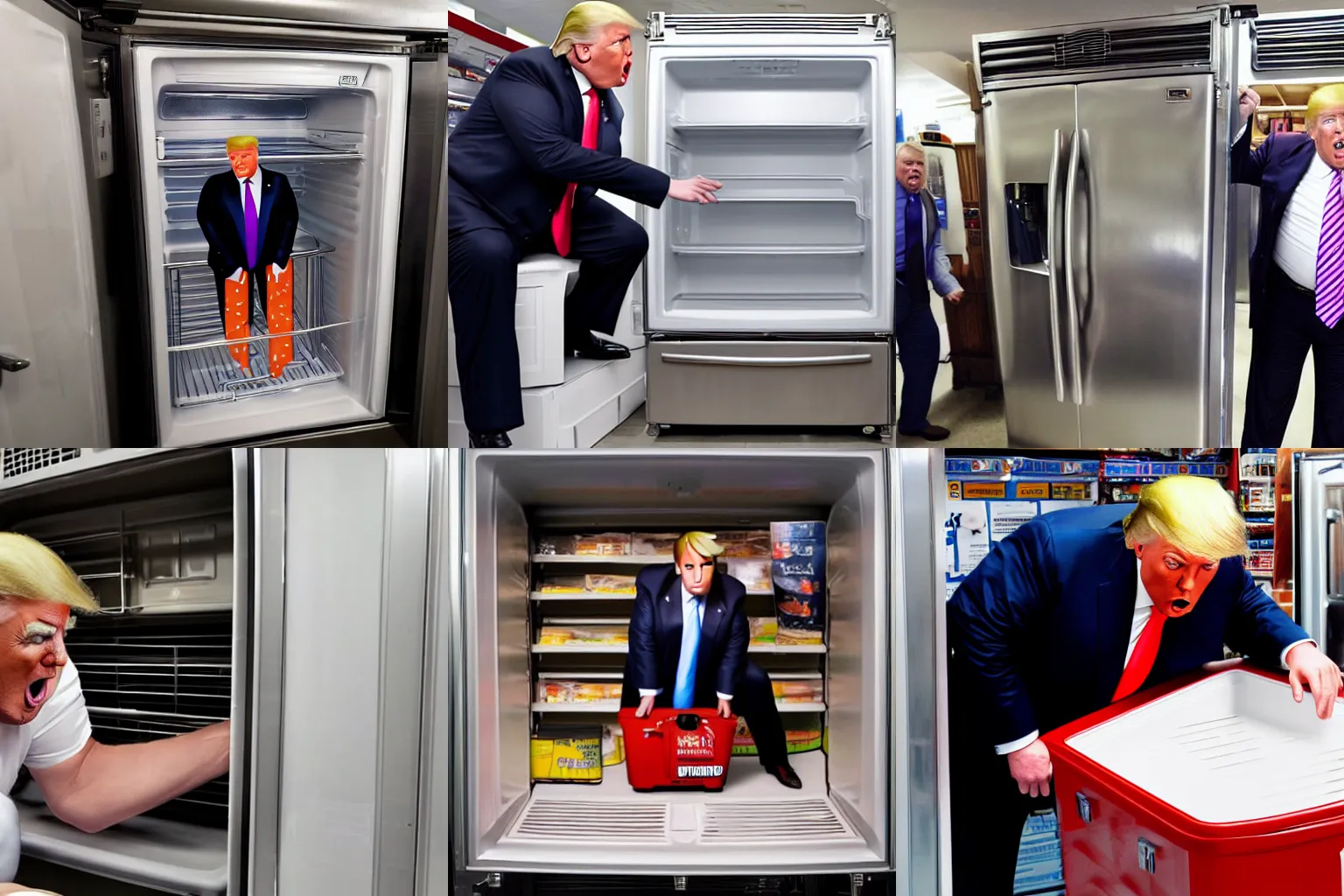 Prompt: high quality photo of 800-pound Donald Trump trying to fit inside of a cheap refrigerator at a home improvement store. He is angry and yelling and can't fit in to the refrigerator. Highly detailed, 4k, dingy lighting, ominous tone.