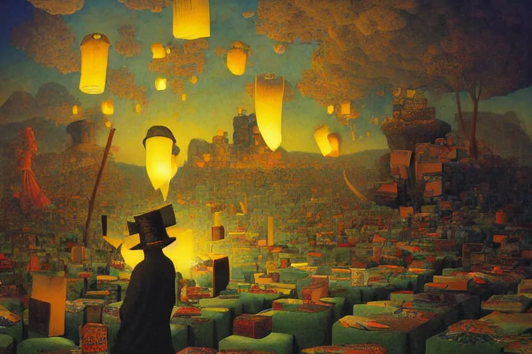 Prompt: a surreal fantasy landscape made of giant books, lanterns, papers, quills and ink bottles, digital painting by maxfield parrish and michael whelan, photorealistic