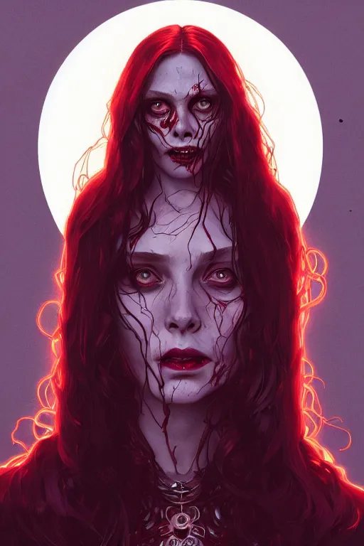 Image similar to a portrait of zombie wanda maximoff ( scarlet witch ), fantasy, sharp focus, intricate, elegant, digital painting, artstation, matte, highly detailed, concept art, illustration, ambient lighting, art by ilya kuvshinov, artgerm, alphonse mucha, and greg rutkowski