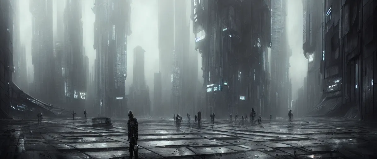 Image similar to dystopian cyberpunk world, with doors everywhere, grey sky, monochrome except doors, concept art, matte painting, high detail, doors on floor, dark, buildings made of doors, large scale, digital painting, style of jordan grimmer, high res