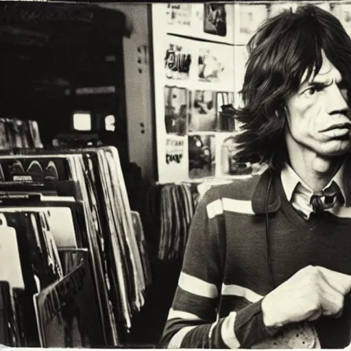 Image similar to mick jagger working in a record store in 1 9 6 9, polaroid photo, artistic, realistic, snapshot