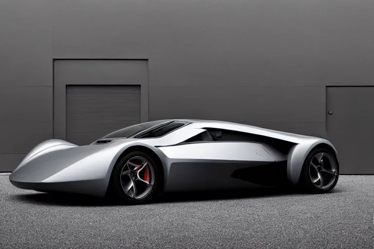 Image similar to A futuristic supercar made of a slick grey scaled metal, professional garage photograph.