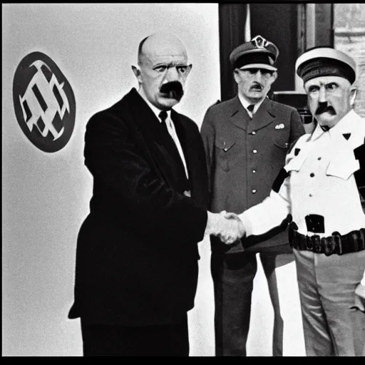 Prompt: adolf hitler shaking hands with walter white, black and white, cctv, over - the - shoulder shor