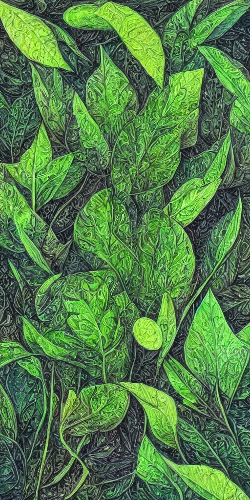 Prompt: highly detailed over dimensional green leaves that are not from this world with black vaines, fantasy, photorealism