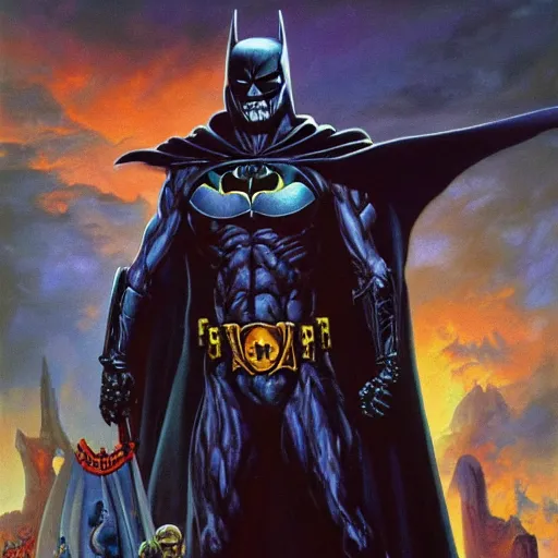 Image similar to oil painting of skeletor as batman, art by jeff easley, 4 k, dnd magazine cover, fantasy, highly detailed, epic lighting