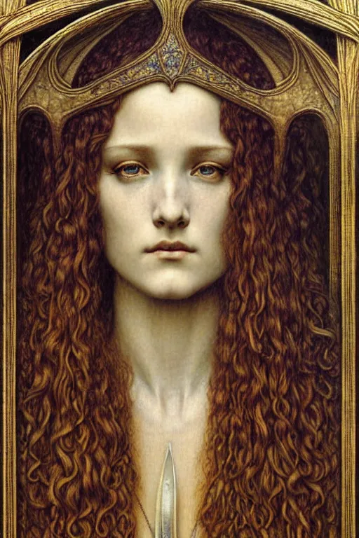 Image similar to detailed realistic beautiful young medieval queen face portrait by jean delville, gustave dore and marco mazzoni, art nouveau, symbolist, visionary, gothic, pre - raphaelite. horizontal symmetry