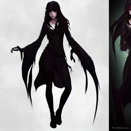 Image similar to female human vampire witch in the style of greg rutkowski, makoto shinkai, trending on artstation, character design, concept art, pretty face, highly detailed, long black hair, portrait, digital art