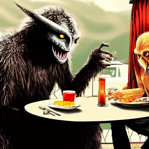 Prompt: mothman eating breakfast with sasquatch at a diner