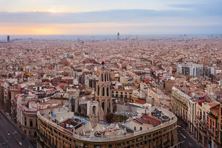 Image similar to views of catastrophic barcelona's downtown with agbar tower covered with high water, global warming, floating cars, sunset lighting, photo real