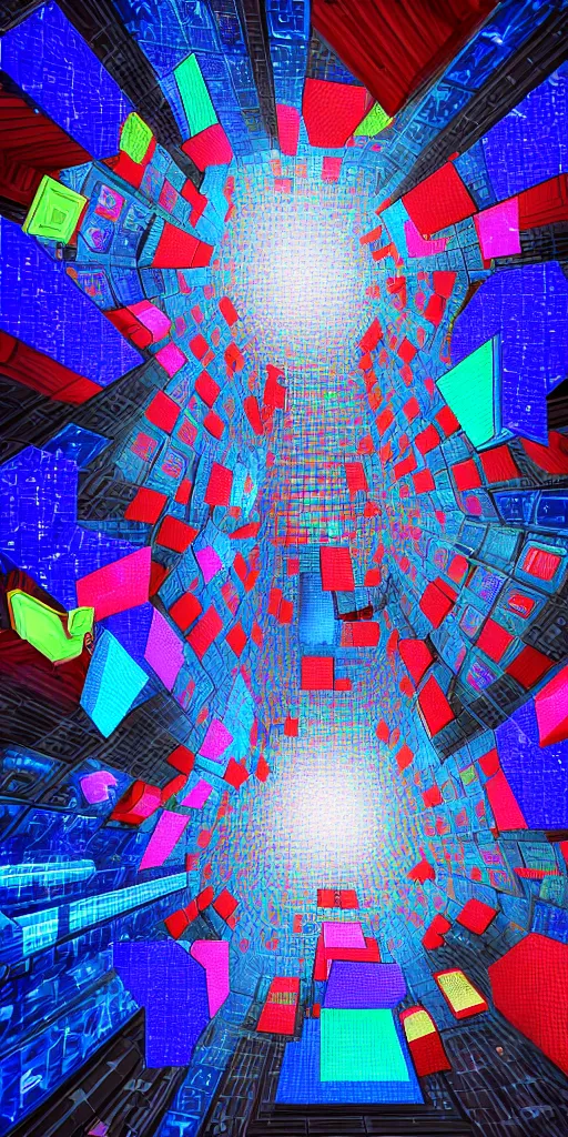 Prompt: looking up at a Tetris game in outer space, wide angle, digital art, glowing geometric glass fractals falling through portals, 8K