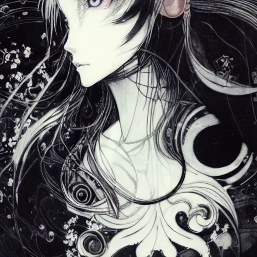 Prompt: yoshitaka amano blurred and dreamy illustration of an anime girl with black eyes, wavy white hair fluttering in the wind wearing elden ring armor and crown with engraving, abstract black and white patterns on the background, noisy film grain effect, highly detailed, renaissance oil painting, weird portrait angle, blurred lost edges, three quarter angle