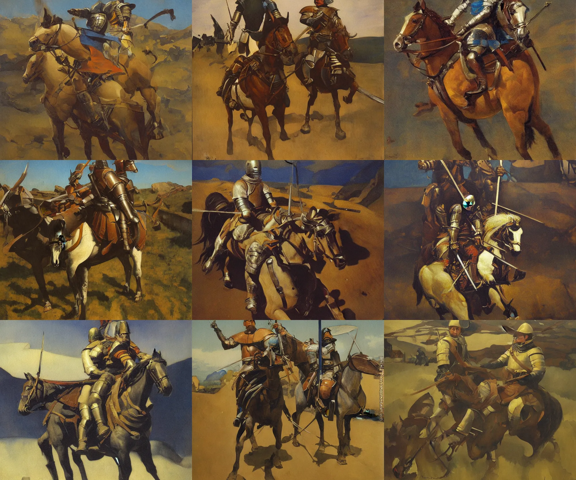 Prompt: a painting of a knight on horseback by n. c. wyeth, highly detailed, oil on canvas