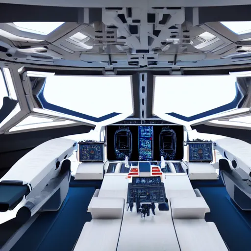 Image similar to flight deck inside a sci-fi spaceship escape pod that is a mind temple for meditation and discovery of secret knowledge. clean white interior, large window to view outer space, raytraced, corona render, 4k