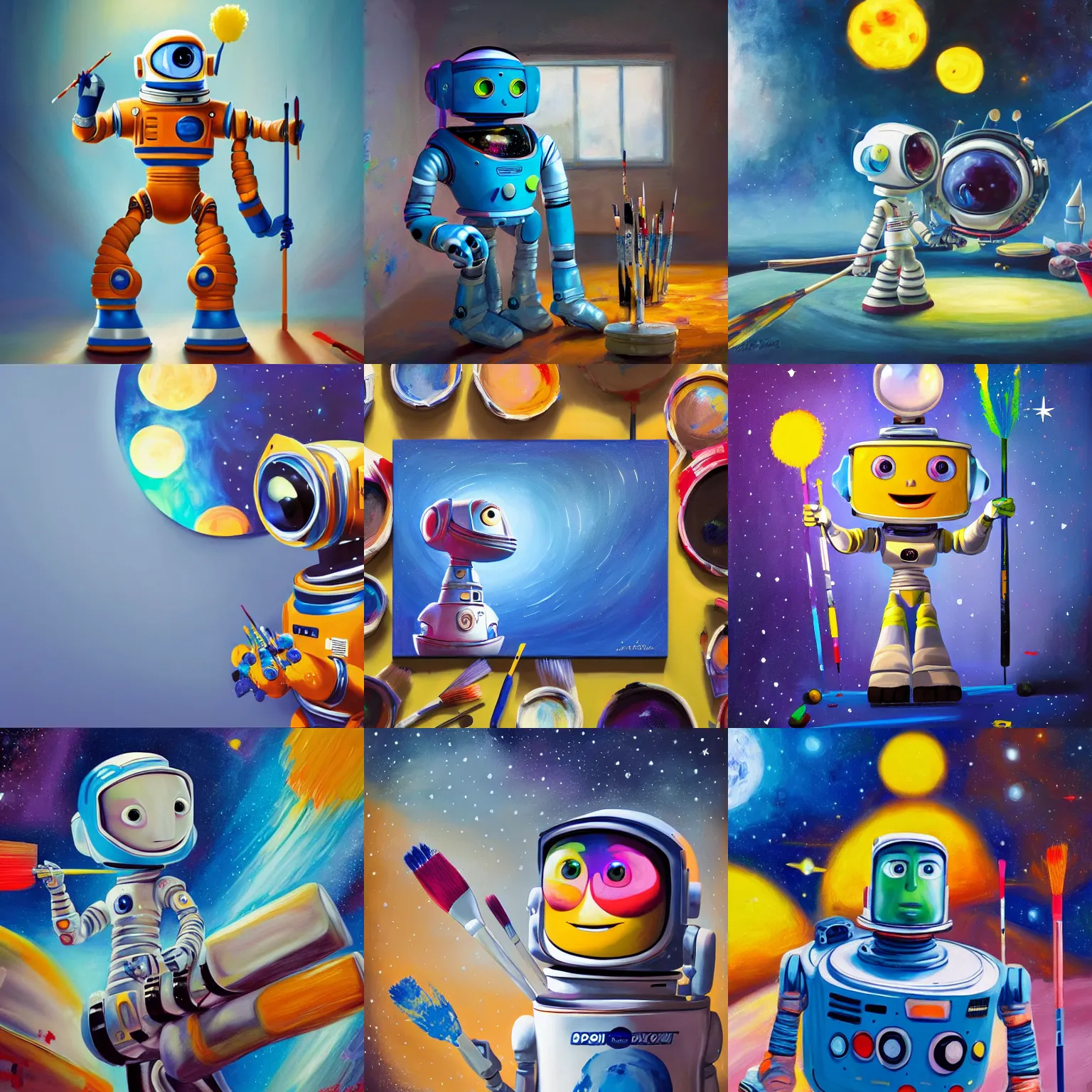 Prompt: photo of a space robot holding multiple paintbrushes, painting a canvas, cute, pixar, photorealism, 4 k, beautiful light