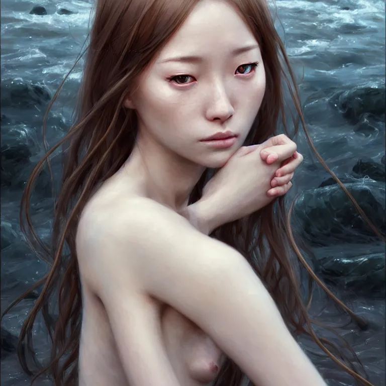 Prompt: epic cinematic portrait of a girl by the river, portrait as miho hirano, with loose white hair, shiny skin, slim figure, small details, realistic poster with three - dimensional dramatic light, artgerm, jeremy lipkin and michael garmash, unreal engine, radiant light, detailed and complex environment, digital art, trends at art station