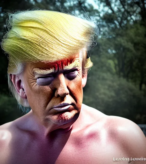 Image similar to award winning 5 5 mm close up portrait color photo of trump as songoku, in a park by luis royo. soft light. nikon d 7 5 0