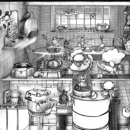 Prompt: a busy kitchen with hamster chefs by Studio ghibli, Kentaro Miura, Hiromu Arakawa, Koyoharu Gotouge, Takeshi obata, concept art, golden ratio