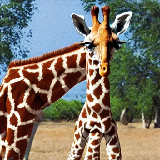 Image similar to film still of a (giraffe) with a (((sign))) that says ((wanna play))