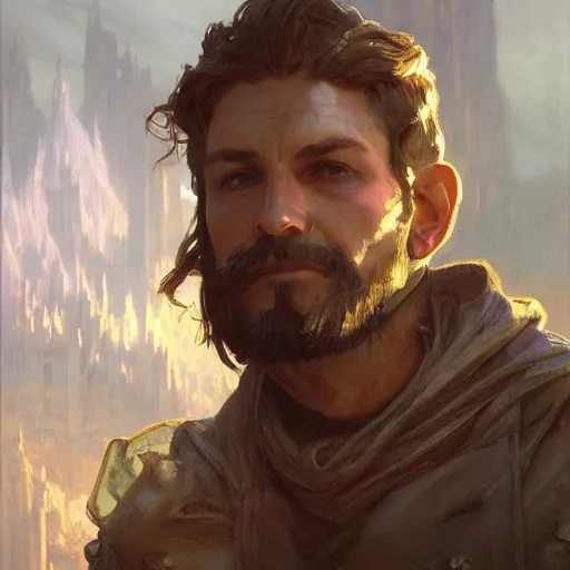 Image similar to closeup portrait of an artificer, dungeons and dragons character, dramatic lighting, castle background, gorgeous view, realistic, high detail, digital art, painted by greg rutkowski, painted by jeremy mann, painted by alphonse mucha, trending on artstation