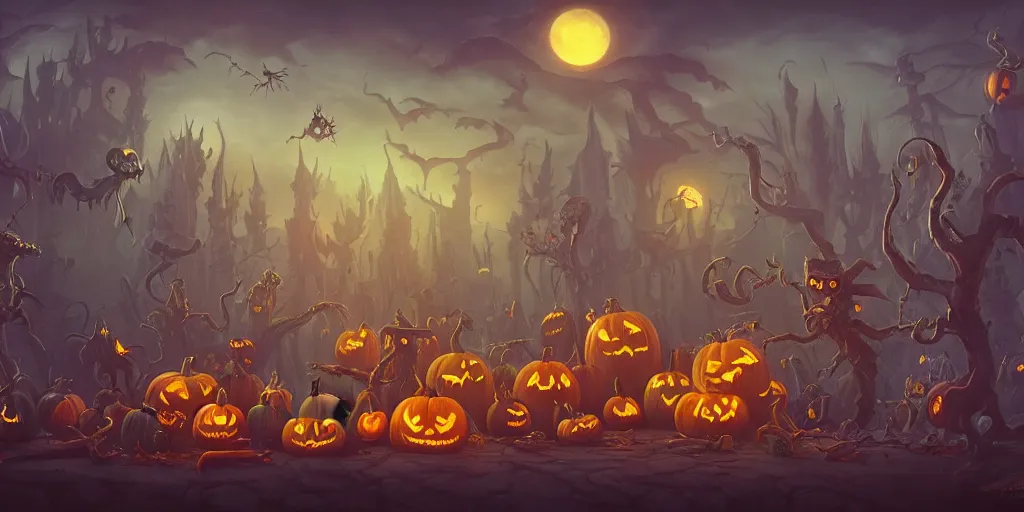 Image similar to halloween scene with monsters and pumpkins from tim burton universe, artstation, scifi, by peter mohrbacher, unreal engine 5, hyper realism, realistic shading, cinematic composition, blender rendering, octane rendering, hdr, detailed textures, photorealistic, wide shot