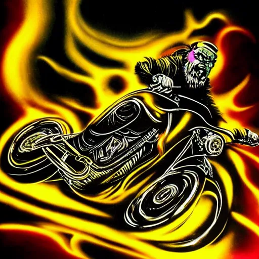 Image similar to psychedelic blacklight airbrush artwork, action shot of an orc biker riding a motorcycle, airbrushed on a black background