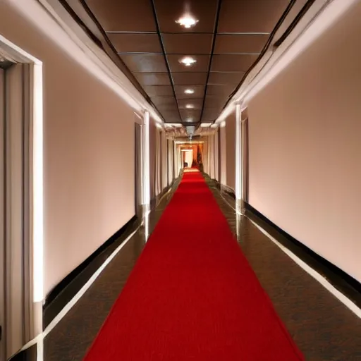 Prompt: a liminal space, very long corridor of a hotel at night, lights on ceiling, red carpet